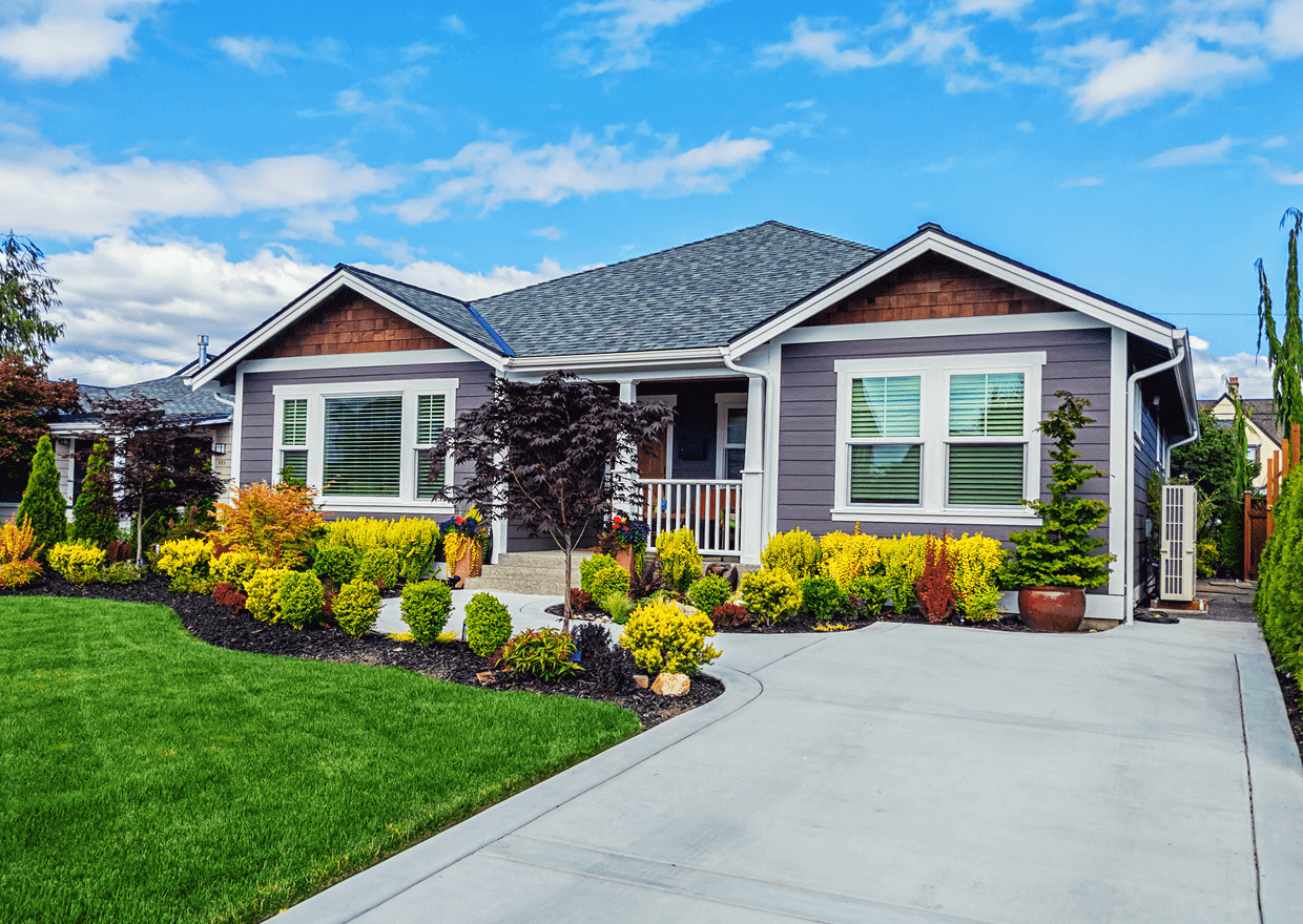 Modern house with landscaped front yard.