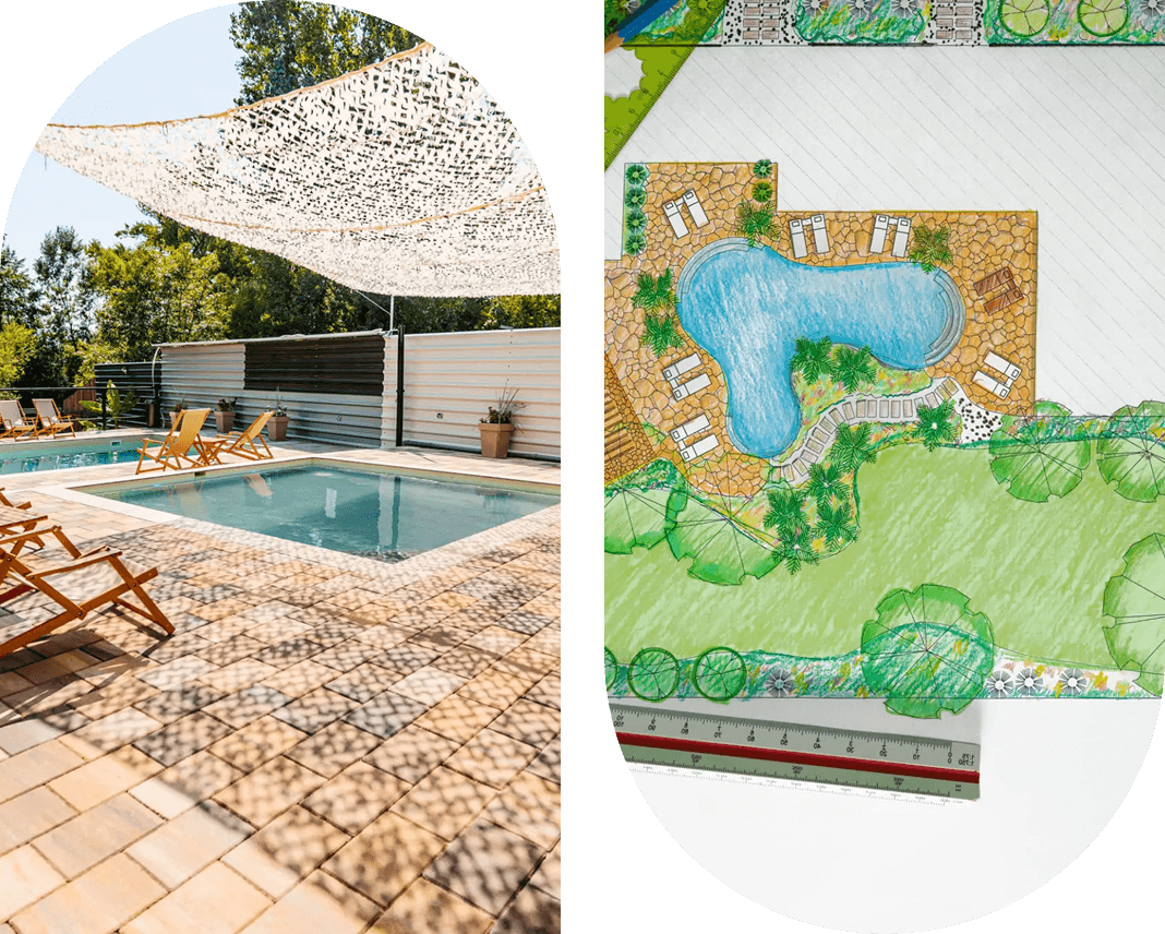Cozy backyard pool area with a shaded canopy and surrounding greenery.